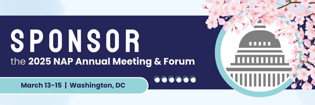 a banner with cherry blossoms in the top right corner over an image of the capitol hill building with the text Sponsor the 2025 NAP Annual Meeting & Forum