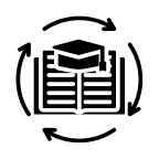 an open textbook with a graduation cap inside a circle of arrows pointing clockwise